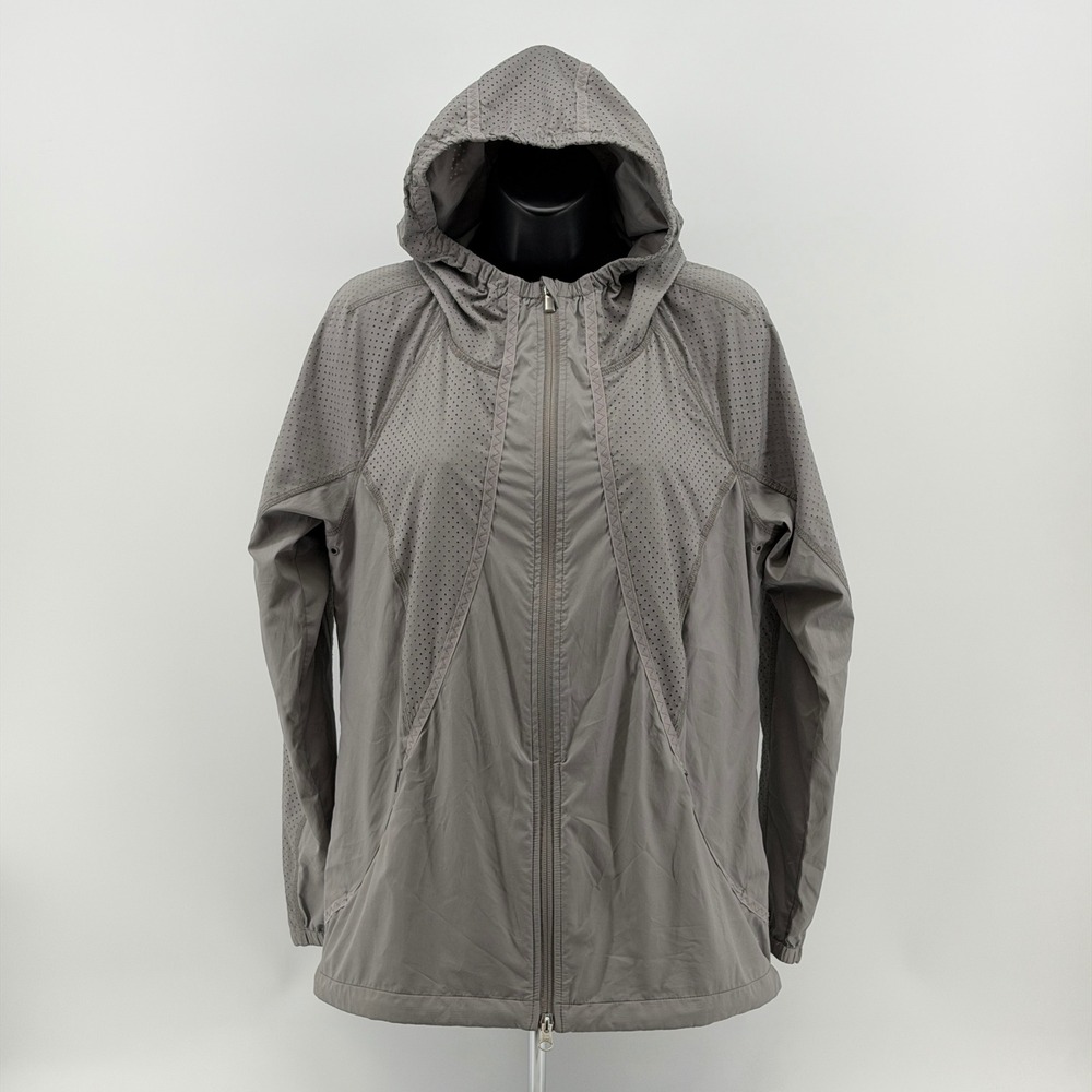Athleta Perforated Windbreaker Jacket Women S Gray Full Zip Hooded Stowaway